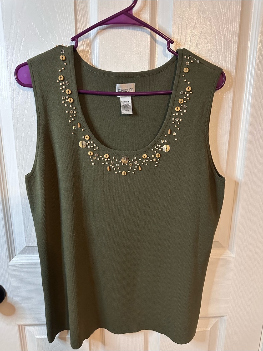 Chico's Olive Green Embellished Scoop Neck Tank